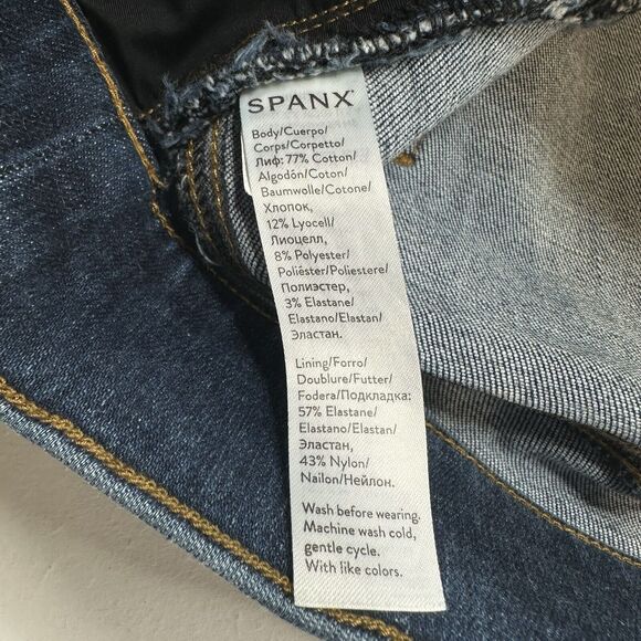 Spanx Jeans Women Medium Ankle Skinny Blue Pull On Stretch Denim Distressed Fray - Picture 11 of 14